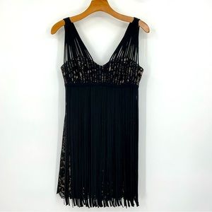 BCBG Maxazria Black Mini Dress Silk Straps Silk Fringe Size2 E35